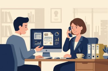 Flat editorial vector illustration of UK business professionals contacting HMRC helpline with tax paperwork on desk