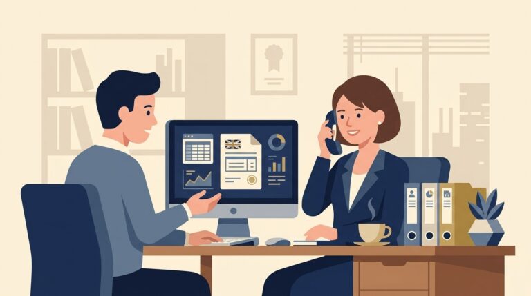 Flat editorial vector illustration of UK business professionals contacting HMRC helpline with tax paperwork on desk