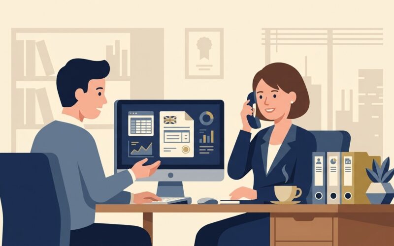 Flat editorial vector illustration of UK business professionals contacting HMRC helpline with tax paperwork on desk