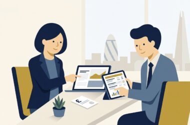 Flat vector illustration of a British business owner and corporate finance advisor reviewing invoice factoring companies and ledger advances