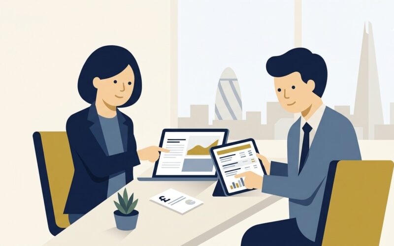Flat vector illustration of a British business owner and corporate finance advisor reviewing invoice factoring companies and ledger advances