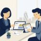 Flat vector illustration of a British business owner and corporate finance advisor reviewing invoice factoring companies and ledger advances