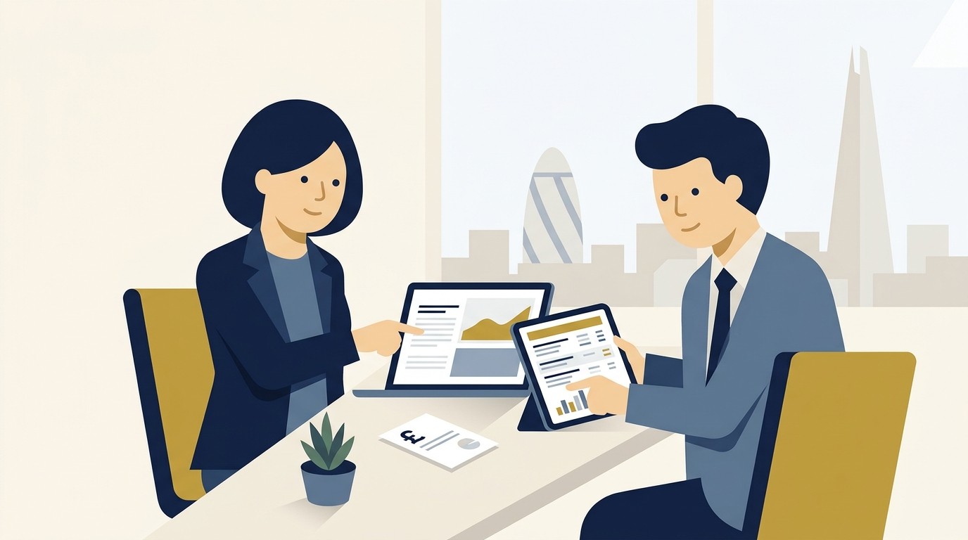 Flat vector illustration of a British business owner and corporate finance advisor reviewing invoice factoring companies and ledger advances