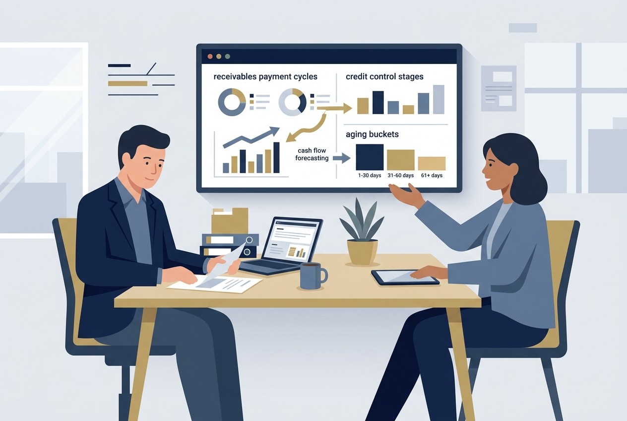 Flat vector illustration of an SME finance director analyzing receivables aging and cash flow forecasting with a commercial lending specialist