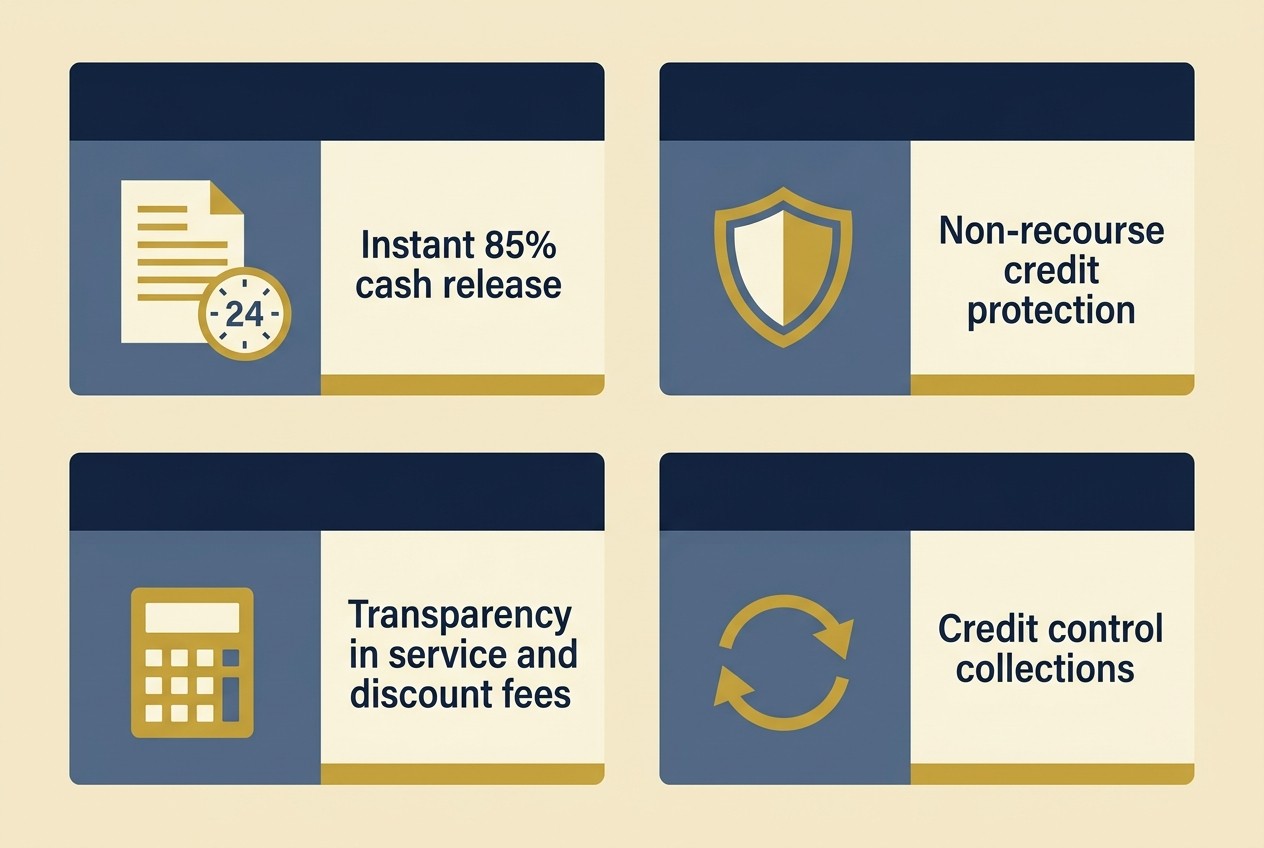 Flat vector infographic layout displaying invoice factoring criteria including instant cash release, credit protection, fee transparency, and credit control