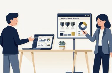 Flat vector illustration of a business executive and IT consultant reviewing cloud infrastructure and cybersecurity metrics