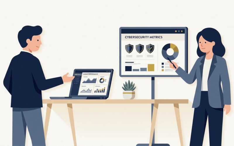 Flat vector illustration of a business executive and IT consultant reviewing cloud infrastructure and cybersecurity metrics