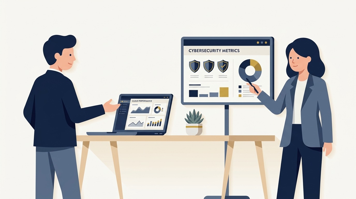 Flat vector illustration of a business executive and IT consultant reviewing cloud infrastructure and cybersecurity metrics