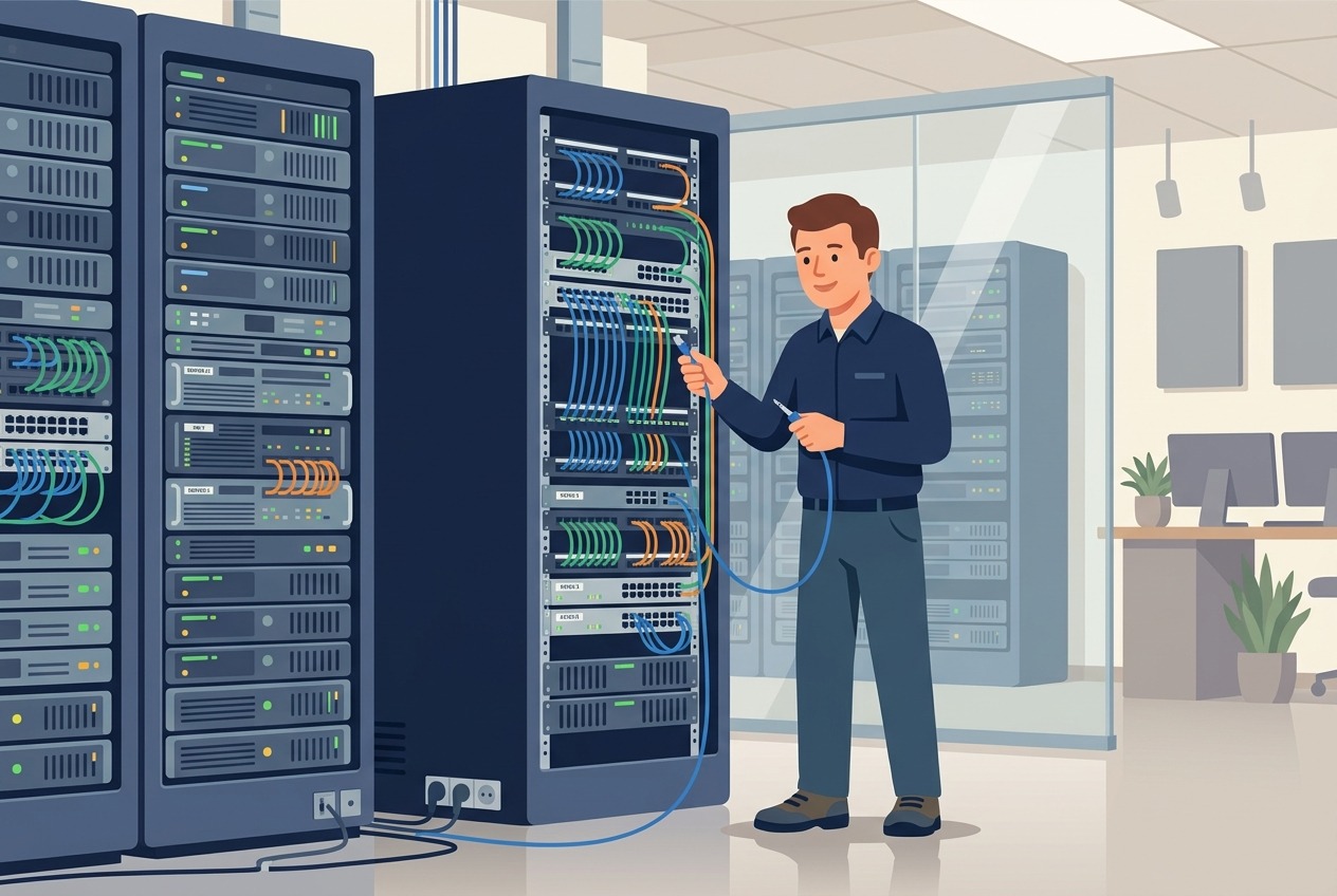 Flat vector illustration of an IT systems engineer configuring server racks and network cabling in an office