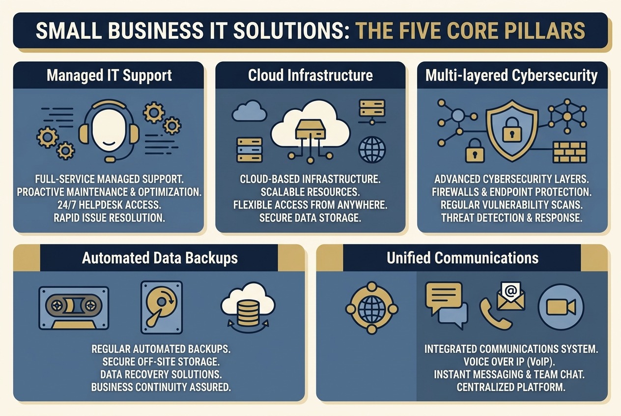 Flat vector infographic illustrating the five core pillars of small business IT solutions: managed support, cloud, security, backups, and unified communications