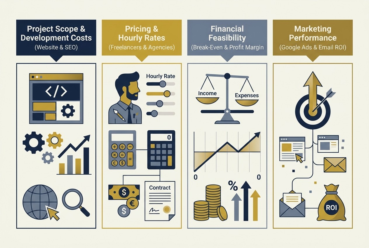 Four core functional pillars of business planning calculators on nemin.io