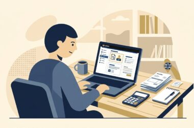 Flat vector illustration of a UK sole trader entrepreneur working at a home office desk with a laptop showing HMRC tax portal
