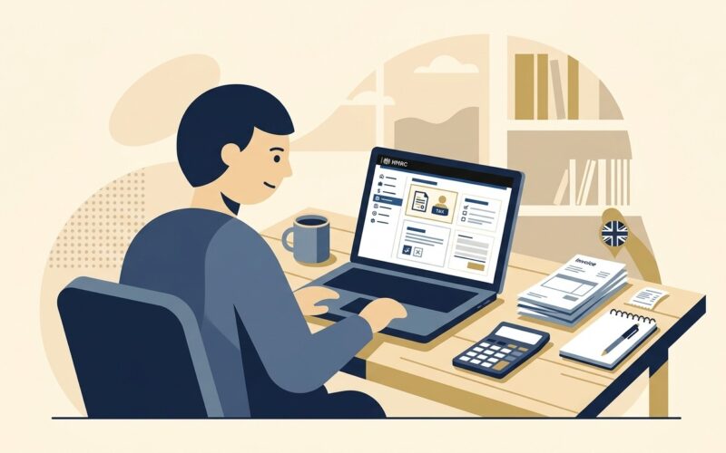 Flat vector illustration of a UK sole trader entrepreneur working at a home office desk with a laptop showing HMRC tax portal