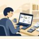 Flat vector illustration of a UK sole trader entrepreneur working at a home office desk with a laptop showing HMRC tax portal
