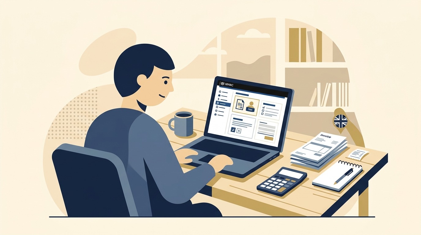 Flat vector illustration of a UK sole trader entrepreneur working at a home office desk with a laptop showing HMRC tax portal