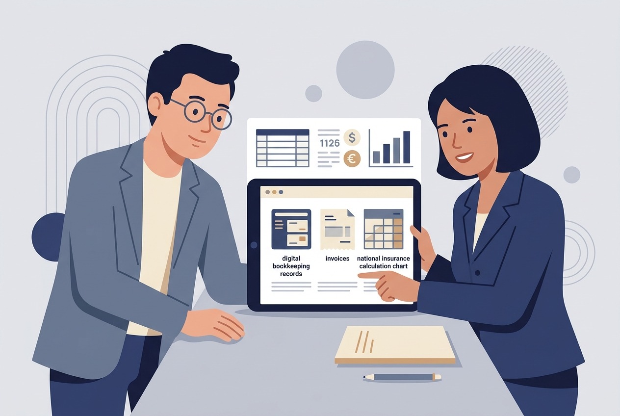 Small business consultant and sole trader reviewing digital bookkeeping records