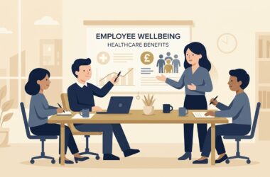 Flat vector illustration of a UK business team discussing employee health insurance and workplace wellbeing benefits