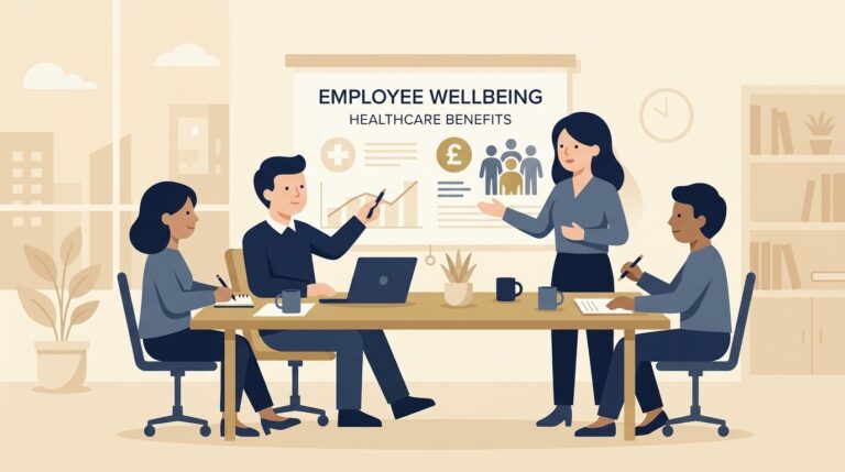 Flat vector illustration of a UK business team discussing employee health insurance and workplace wellbeing benefits
