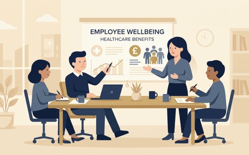 Flat vector illustration of a UK business team discussing employee health insurance and workplace wellbeing benefits
