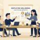 Flat vector illustration of a UK business team discussing employee health insurance and workplace wellbeing benefits