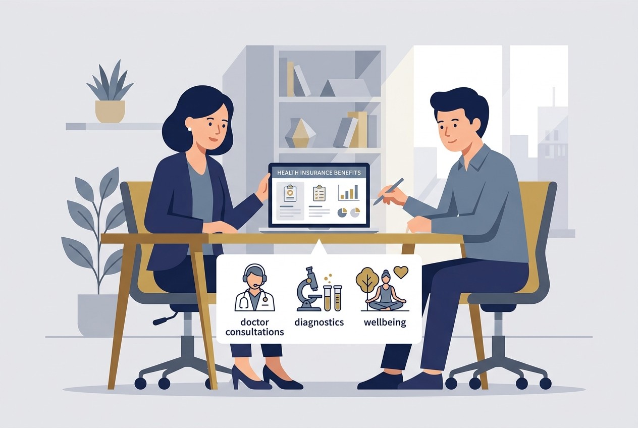 Flat vector illustration of an HR manager and team member reviewing private medical insurance policy benefits and digital care options